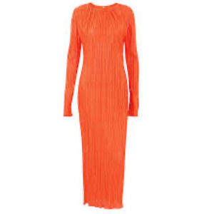 Commense Tangerine Ribbed Crew Neck Long Sleeve Pleated Midi Dress - M